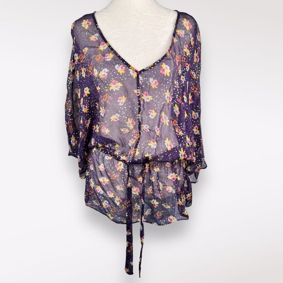 Anthropologie Ella Moss Floral Print 100% Silk Sheer V-Neck Tunic Blouse S - Picture 1 of 10